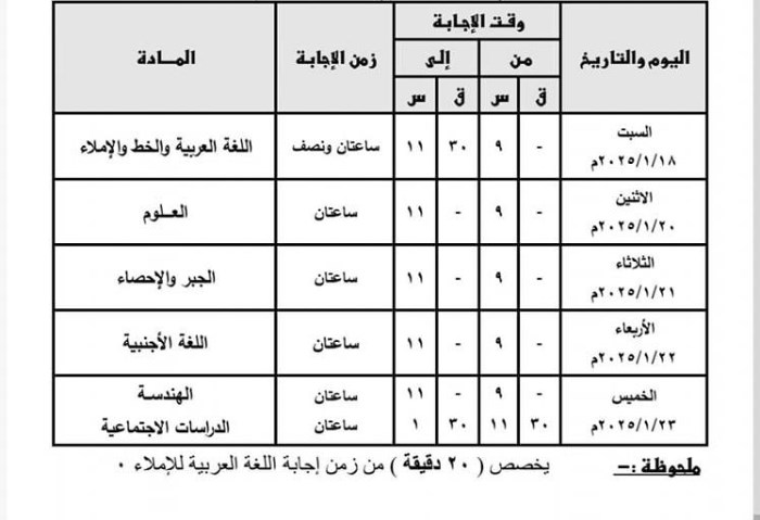 جدول امتحانات نصف السنة 2025 للصف الثالث الإعدادي